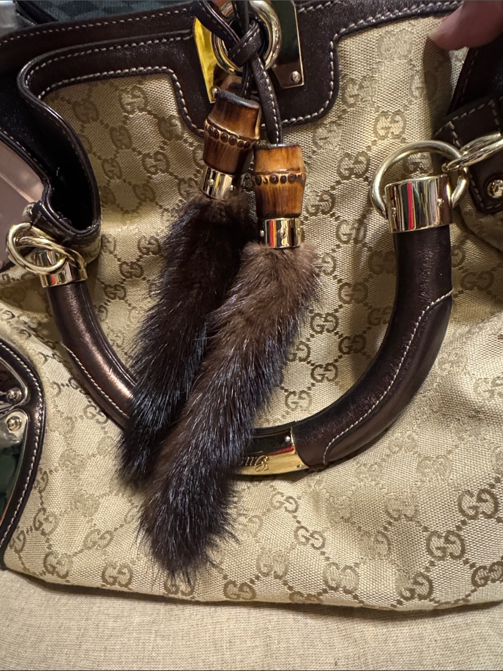 Gucci Beige Monogram Canvas Tote with Dark Brown Leather and Fur Tassels